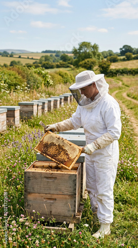 Professional beekeeper in protective suit inspecting frame with honeycombs for honey production in sunny apiary in countryside