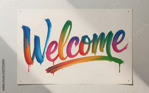 A gorgeous “welcome ” poster with colorful brush strokes. Abstract colorful background.