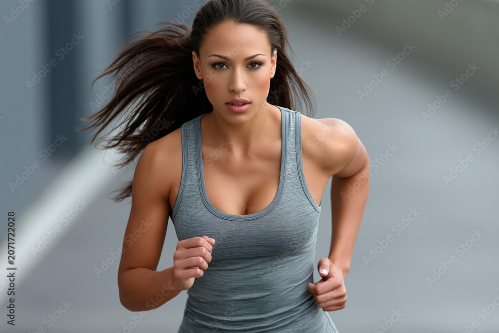 Fototapeta premium Woman runs on urban path during daylight hours