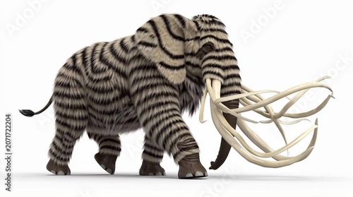 Wooly coloured elephant with branched ivory tusks