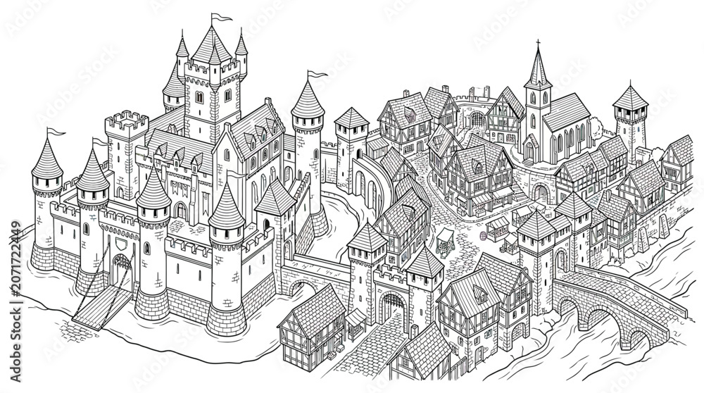 Naklejka premium Medieval Castle Town Illustration - Old European Architecture Sketch