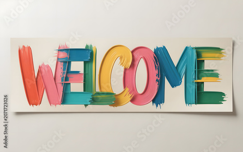 A gorgeous “welcome ” poster with colorful brush strokes. Abstract colorful background.