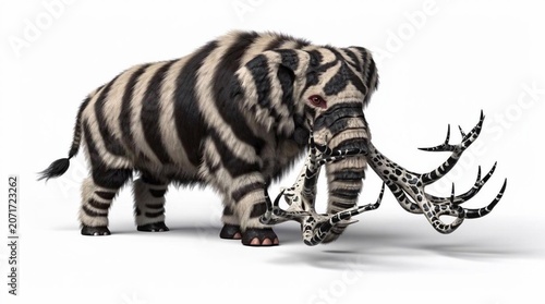 Wooly coloured elephant with branched ivory tusks