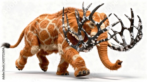 Wooly coloured elephant with branched ivory tusks