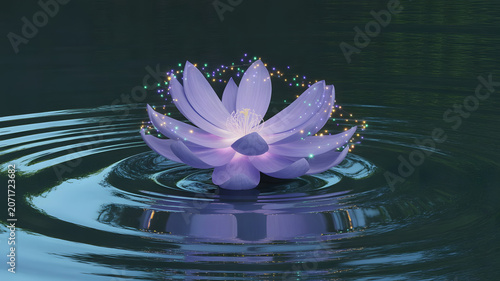 A magic purple flower with colorful lights on water. Purple water lily with reflection.