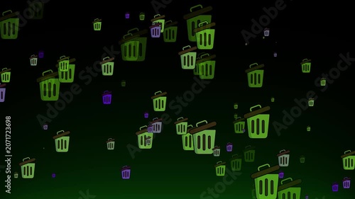 Recycle Bin icon flying overlay isolated on black background. Seamless loop,