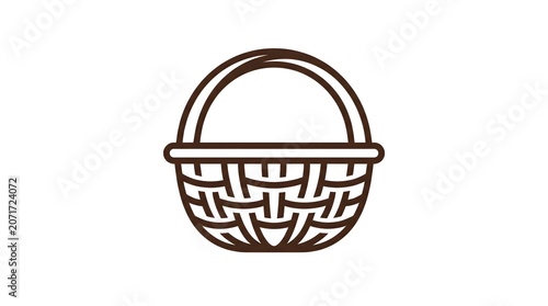 A minimalist line art illustration of a traditional woven wicker basket with a handle, isolated on a clean white background