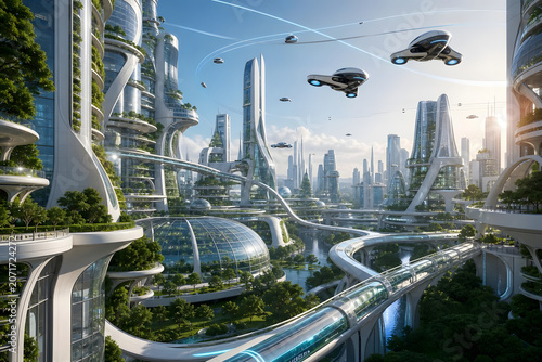 Expansive futuristic eco-city metropolis at sunrise, showcasing