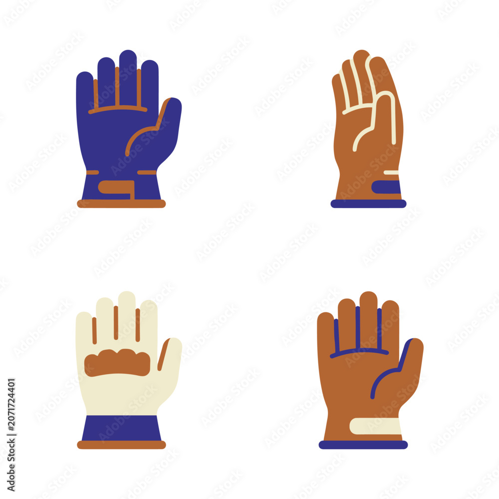 Fototapeta premium Set Of Four Minimalist Flat Vector Icons Representing Various Protective Industrial Work Glove Styles