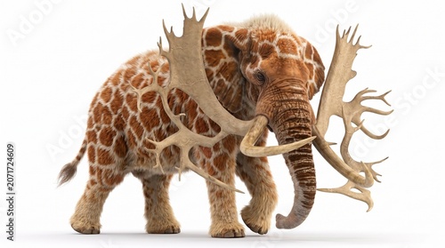 Wooly coloured elephant with branched ivory tusks