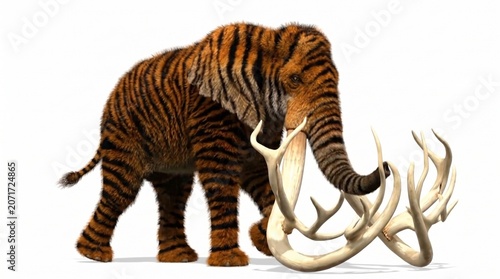 Wooly coloured elephant with branched ivory tusks