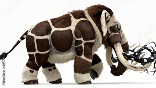 Wooly coloured elephant with branched ivory tusks