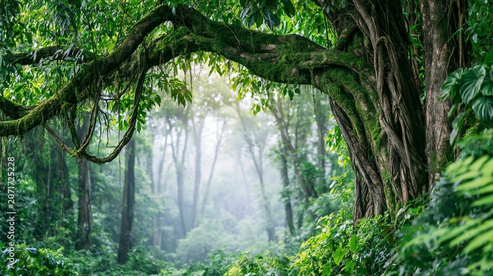Obraz premium Dense tropical jungle with abundant plant life, sunlit mist filtering through ancient trees, moss covered branches, and hanging vines