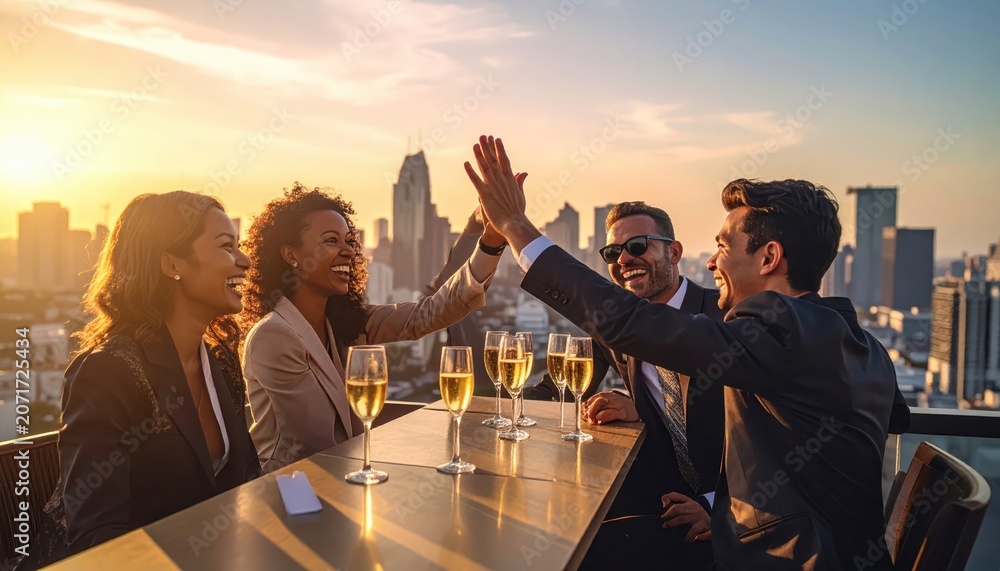 Fototapeta premium Business team celebrating successful deal with champagne and high fives on rooftop at sunset