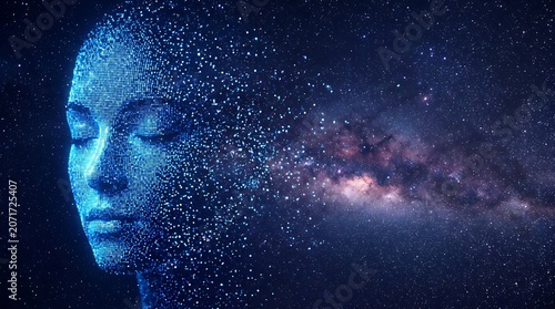 Conceptual profile of a human face dissolving into glowing digital particles in deep space