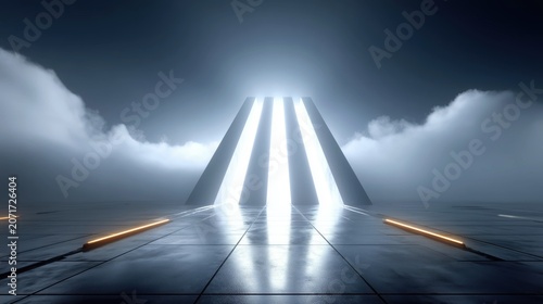 Dramatic glowing gateway through fog with futuristic symmetry for technology branding.
