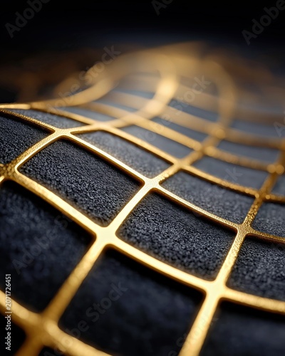 Elegant gold geometric mesh on dark textured surface for luxury design branding.
