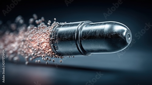 High speed bullet in motion with explosive particles for dramatic defense concepts.

