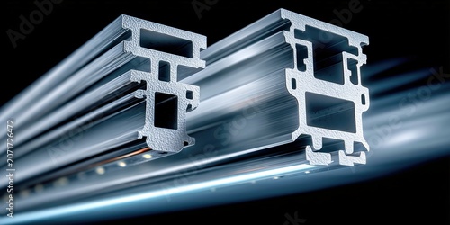 Precision aluminum extrusion profile with sleek industrial detail for manufacturing marketing.
