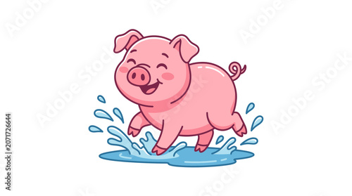 Photos Cute cartoon piglet splashing in water puddle, happy and playful