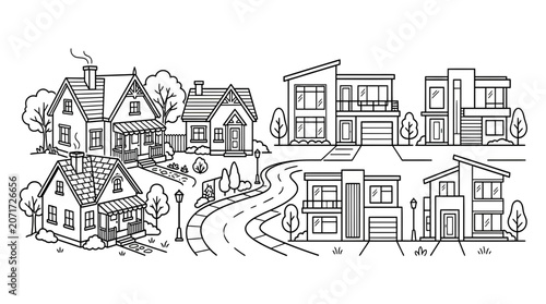Konstfotografi Diverse Suburban Neighborhood Line Art: Modern and Traditional Houses