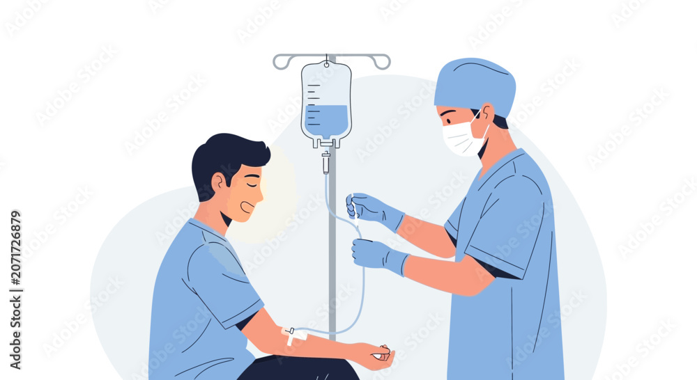 Fototapeta premium Doctor administers IV drip to patient, medical treatment, healthcare concept