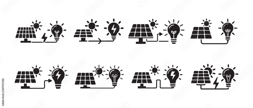 Obraz premium Set of Solar Panel and Light Bulb Icons Representing Renewable Energy Generation in Minimalist Style.