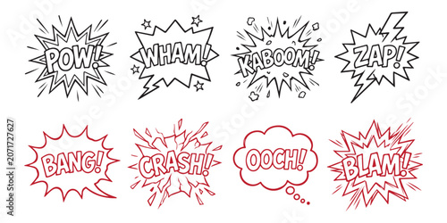 Set of comic book speech bubbles with sound effects like pow wham and kaboom