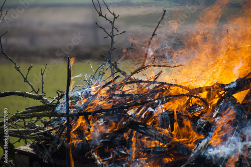 Outdoor Bonfire Burning Branches And Logs With Flames And Smoke In A Field