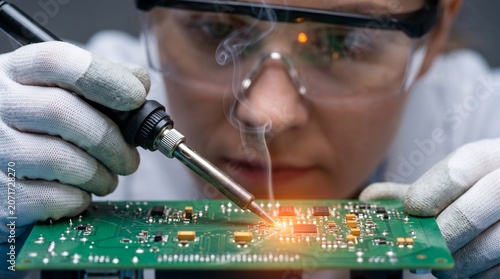 Technician soldering electronic components on a green circuit board with a tool.