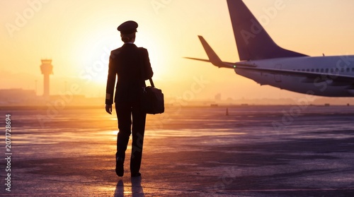 Airline pilot walking towards airplane on tarmac at sunrise with luggage
