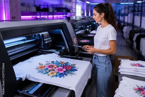 Woman operating direct to garment printer for custom t-shirt design production