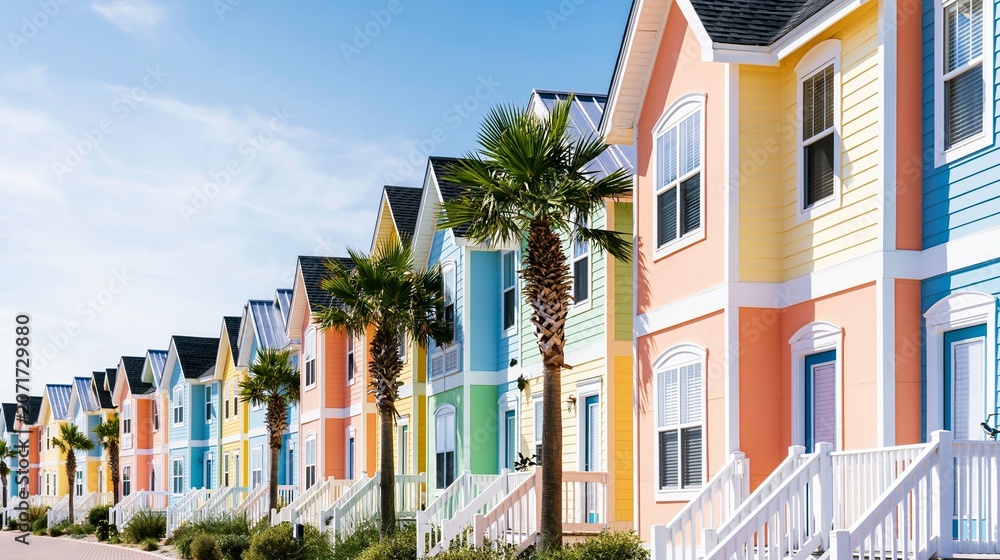 Fototapeta premium Brightly painted houses creating a repetitive architectural pattern, conveying concepts of summer, vacation, and real estate