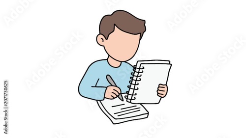 Cartoon boy writing in a spiral notebook illustration
