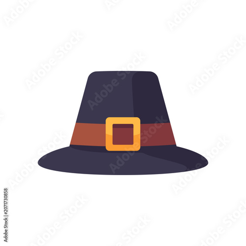 Photography Black pilgrim hat with wide brim, tall rounded crown, brown hatband, and square
