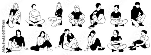 A collection of silhouettes of men, women and teenagers sitting, hand drawn, line sketches; vector images, a group of people, black and white colors on a white background