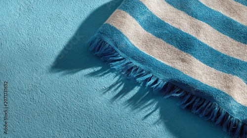 Striped beach towel with fringe on blue textured surface with dramatic shadow during daylight