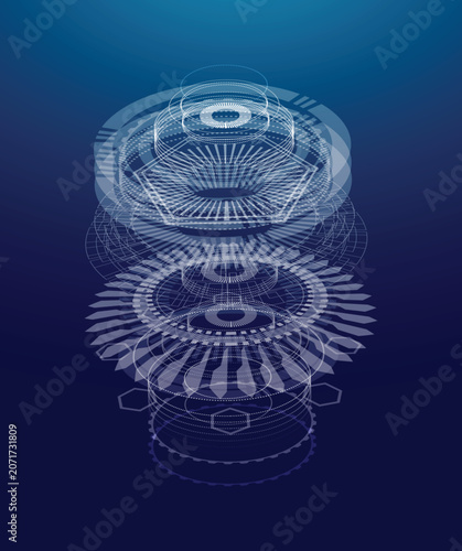 Machine Part Exploded View. Mechanical Automotive CAD Design Engineering Fan. Technical Illustration Industrial Component Assembly Diagram. 3D Blueprint Professional Manufacturing Graphics Engineering