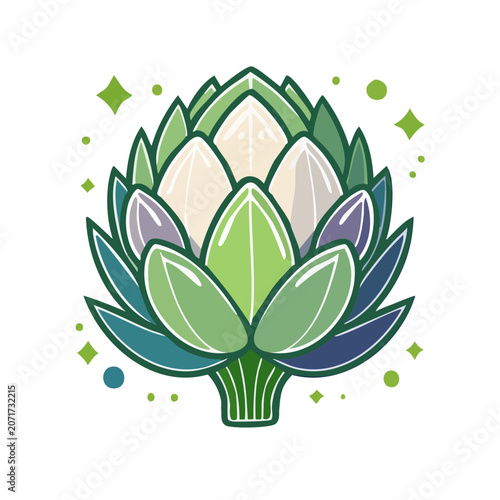 Flat illustration of an artichoke with green and purple leaves
