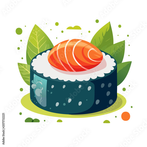 Flat illustration of salmon sushi roll with leaves