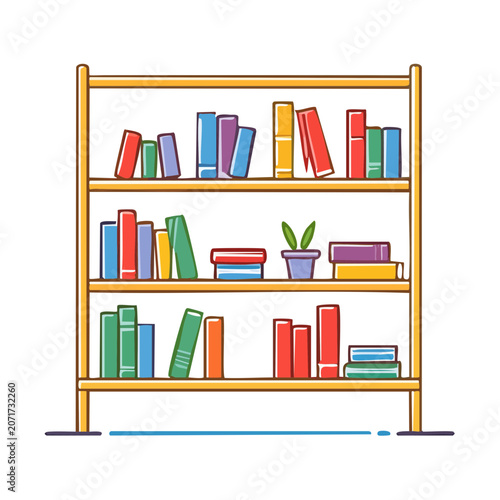 Flat vector illustration of a bookshelf with colorful books