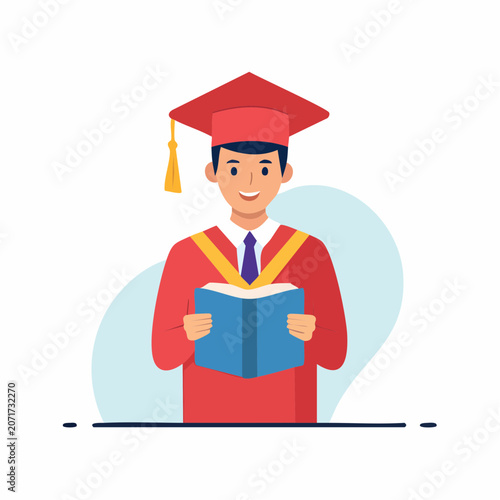Graduate student in cap and gown reading a book