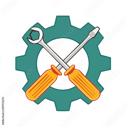 Gear with crossed wrench and screwdrivers vector icon