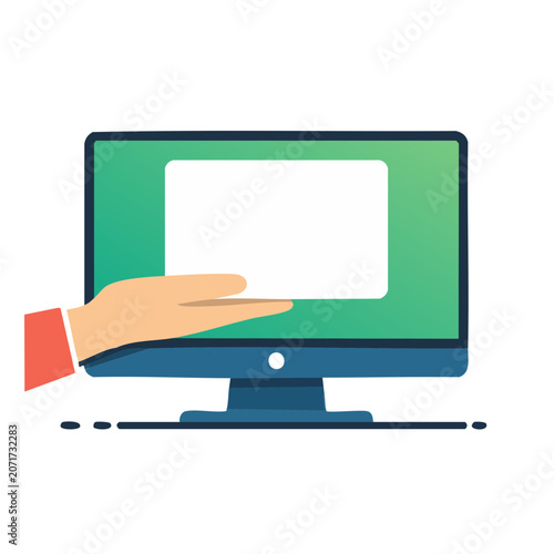 Hand touching computer monitor flat vector illustration