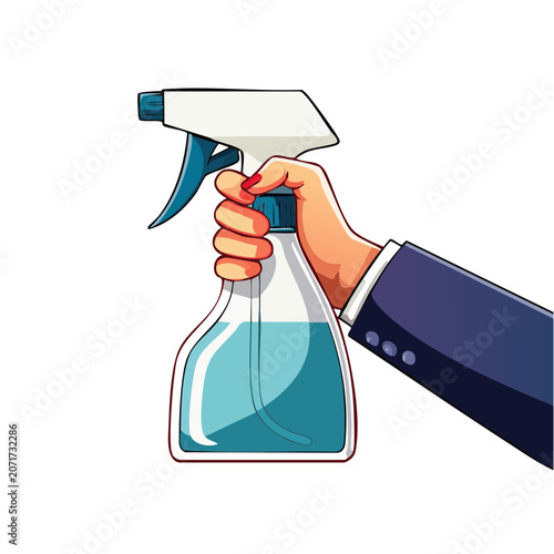 Hand holding spray bottle with blue liquid, vector illustration
