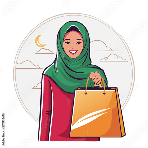 Woman in hijab holding shopping bag with crescent moon background