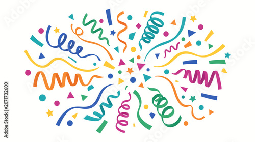 Fotografie Confetti streamers explode in a vibrant celebration pattern across the center of the white frame
