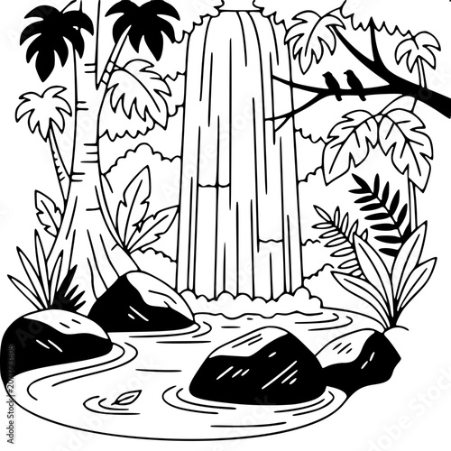 Hidden Waterfall - Minimalist Vector Illustration