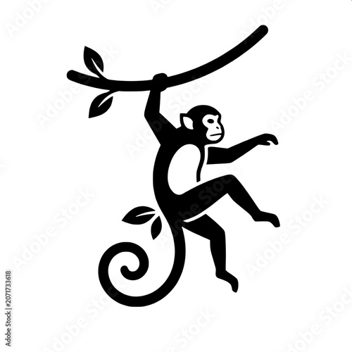 Swinging Monkey - Black and White Vector Art