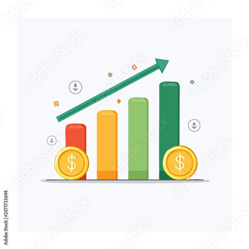 Financial growth bar chart with gold coins and arrow